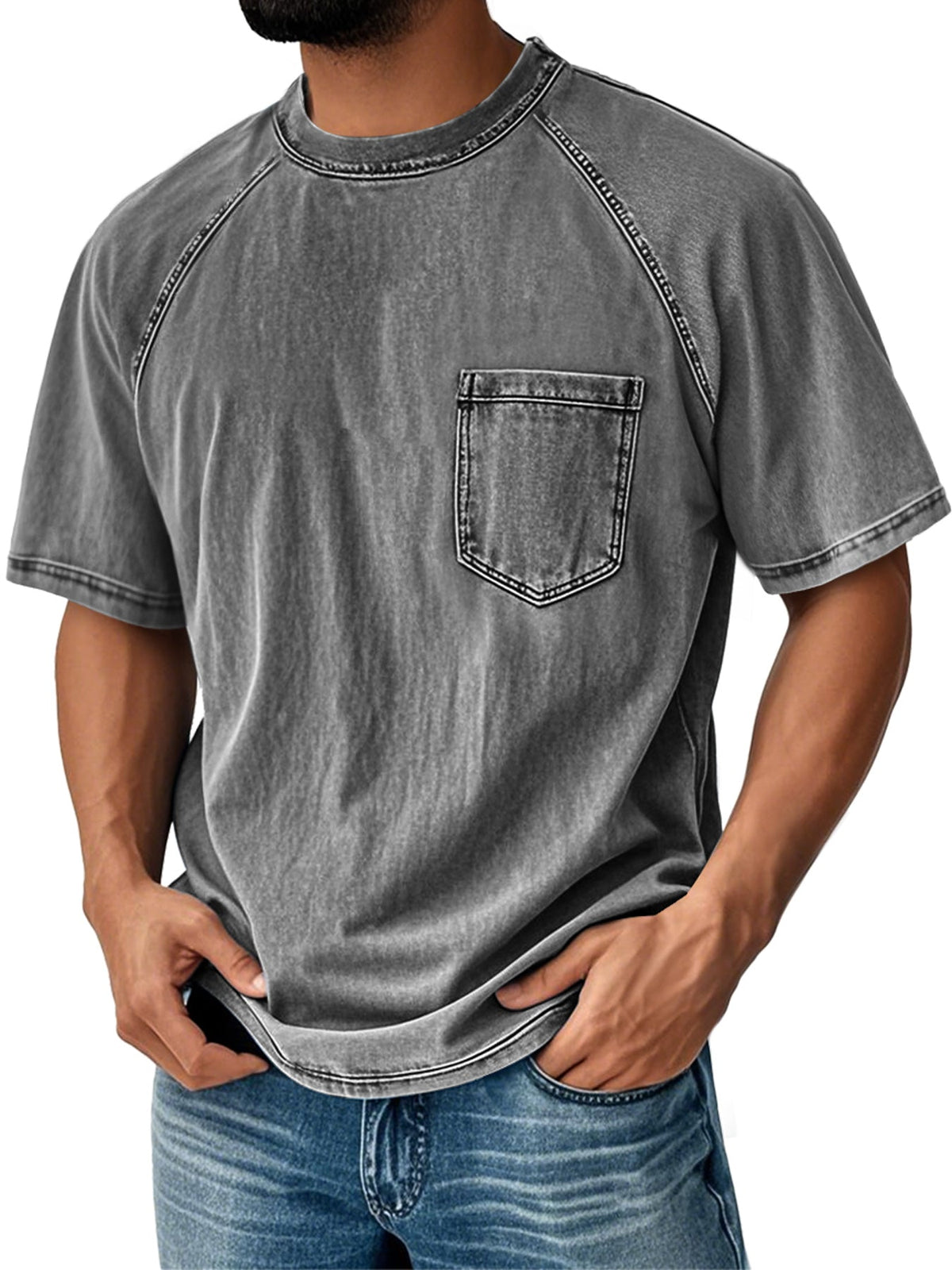 Men's Retro Round Neck Raglan Sleeve Casual Pocket Short Sleeve T-Shirt