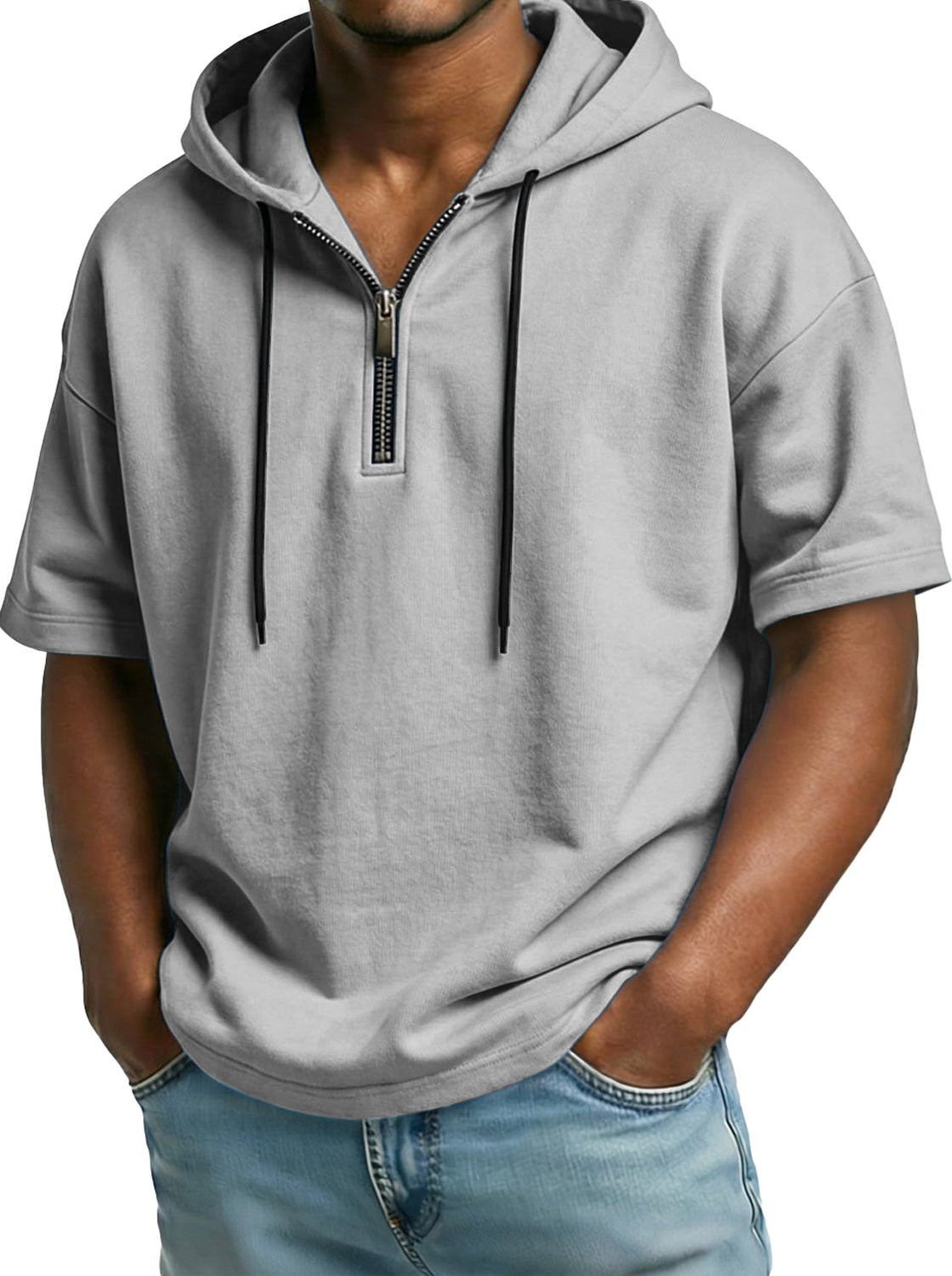 Men's Comfortable Hooded Zip-up Short-sleeved Casual Top