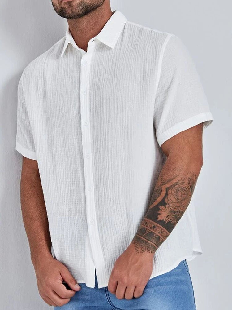 Men's Casual Solid Color Cotton Linen Casual Short Sleeve Shirt