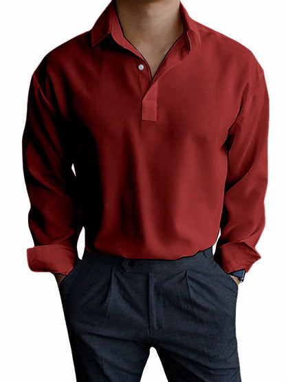 Men's Autumn Solid Color Pullover Lapel Long Sleeve Shirt