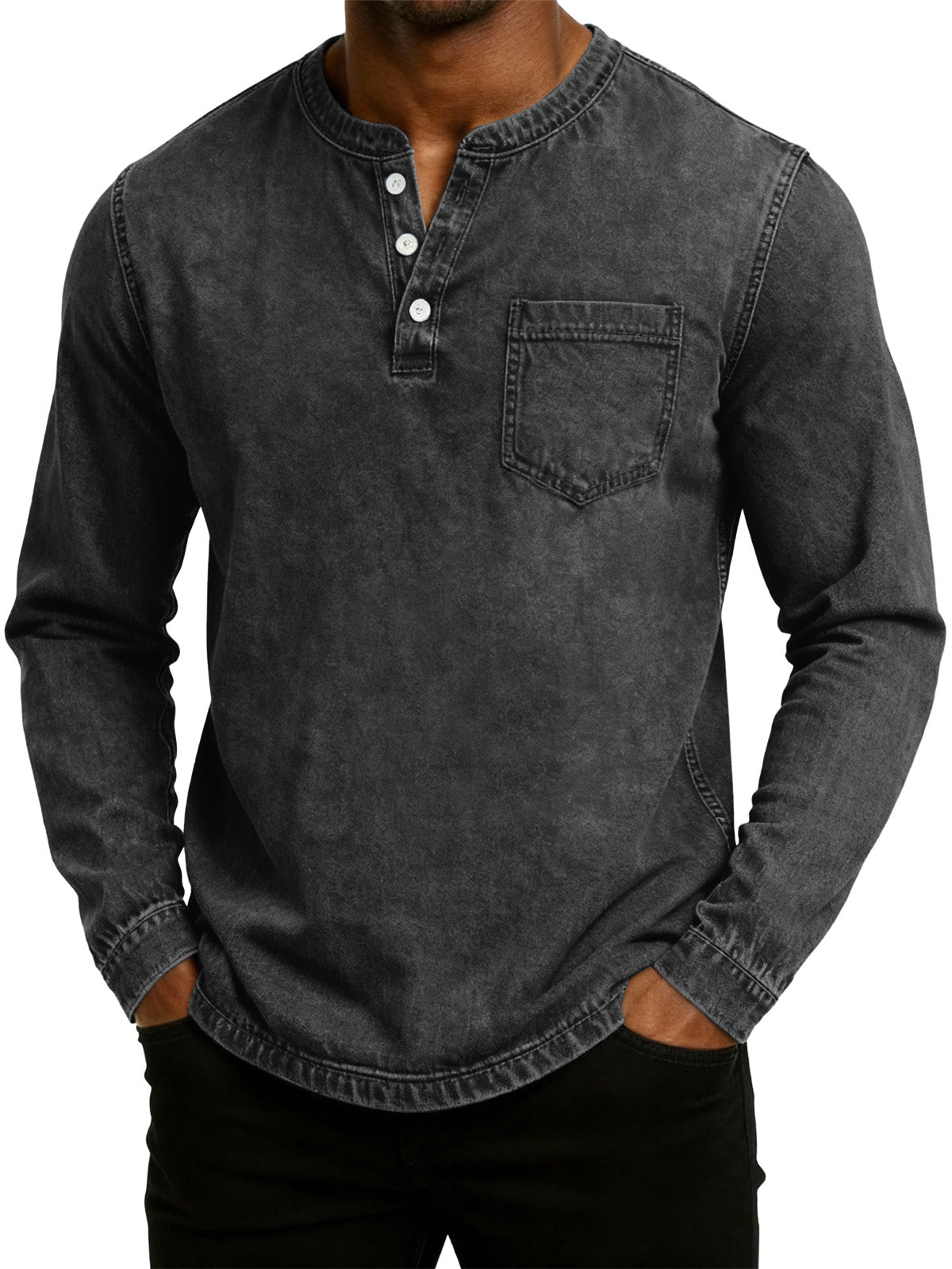 Men's Retro Fashion Washed Distressed Henley Collar Long Sleeve T-Shirt