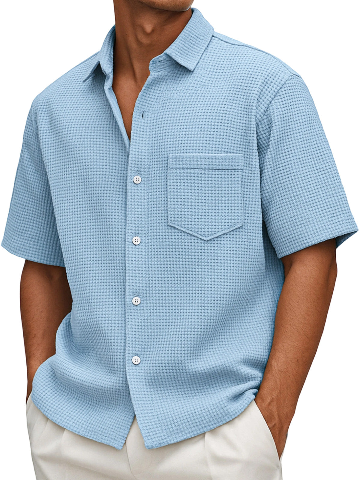 Men's Loose Casual Waffle Solid Color Button Short Sleeve Shirt