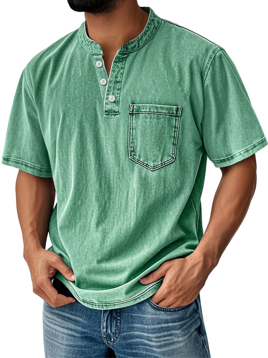 Men's Retro Stand Collar Casual Pocket Solid Color Short Sleeve Henley Shirt