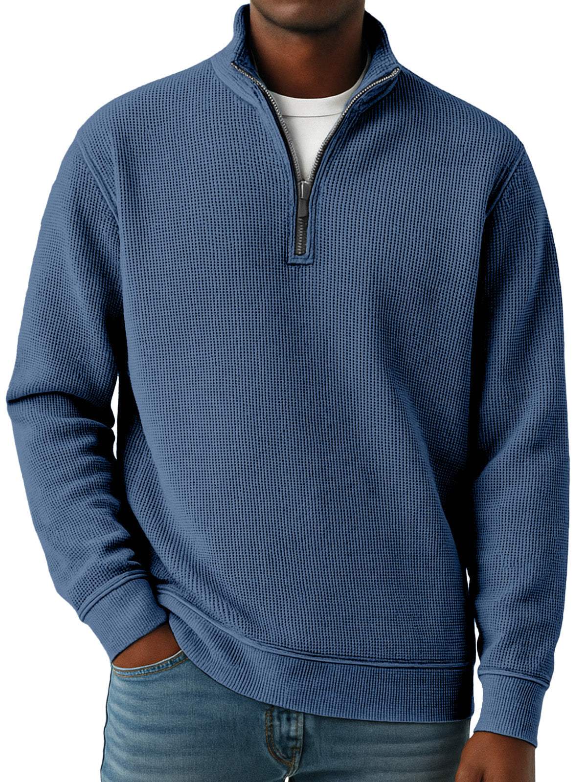 Men's Simple Solid Color Waffle Quarter-zip Long Sleeve Polo Shirt