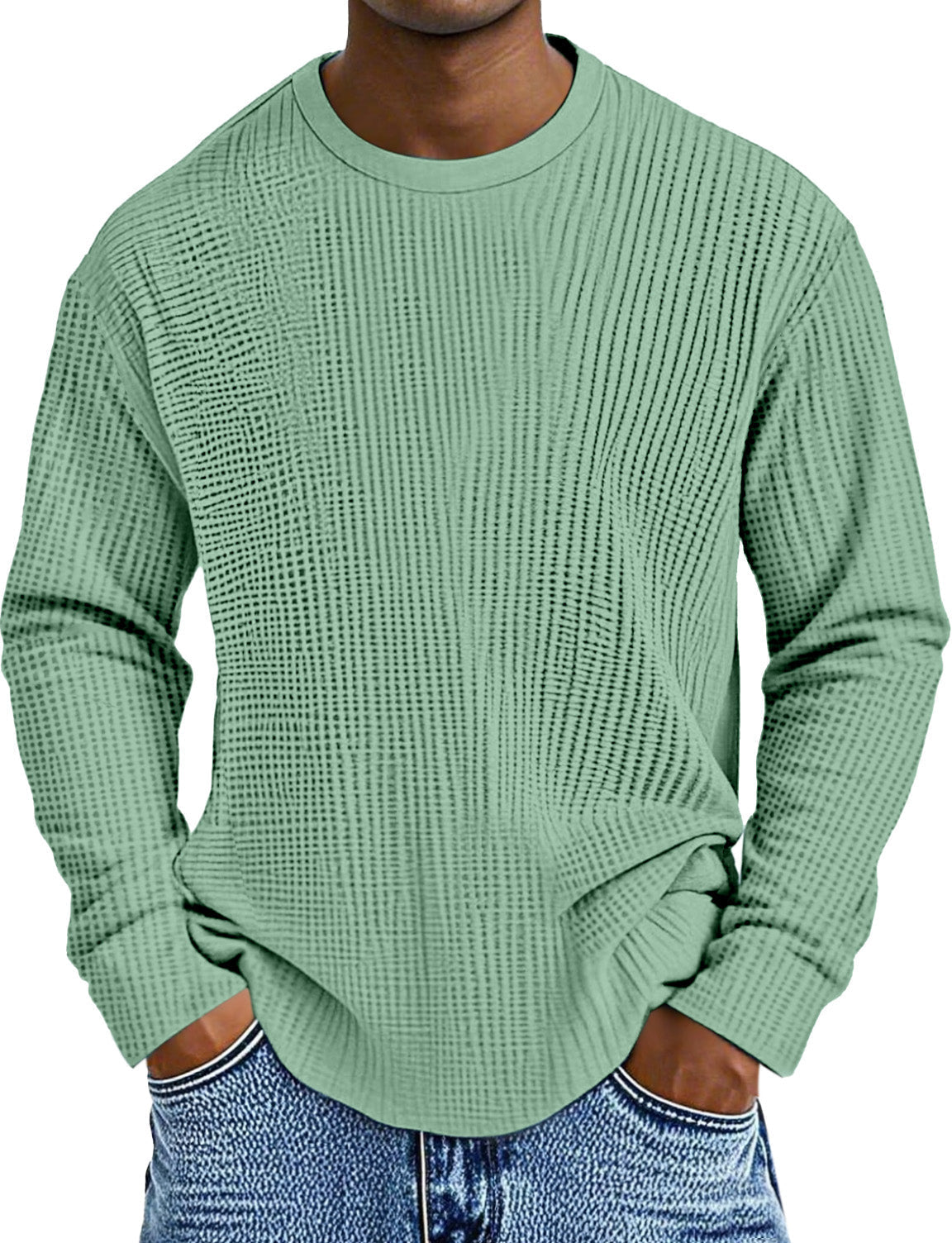 Men's Simple Daily Solid Color Waffle Round Neck Long Sleeve T-shirt
