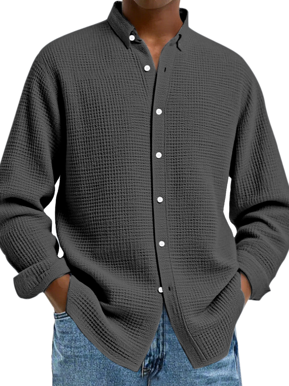 Men's Solid Color Casual Breathable Fabric Button Long Sleeve Shirt