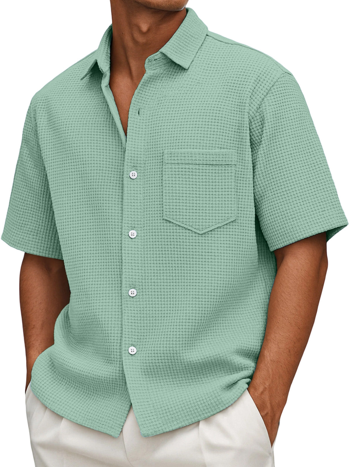 Men's Loose Casual Waffle Solid Color Button Short Sleeve Shirt