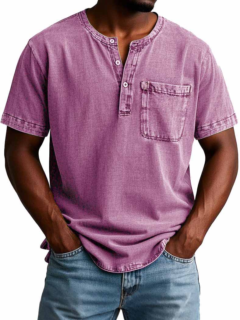 Men's Fashion Casual Vintage Distressed Pocket Short Sleeve Henley Shirt