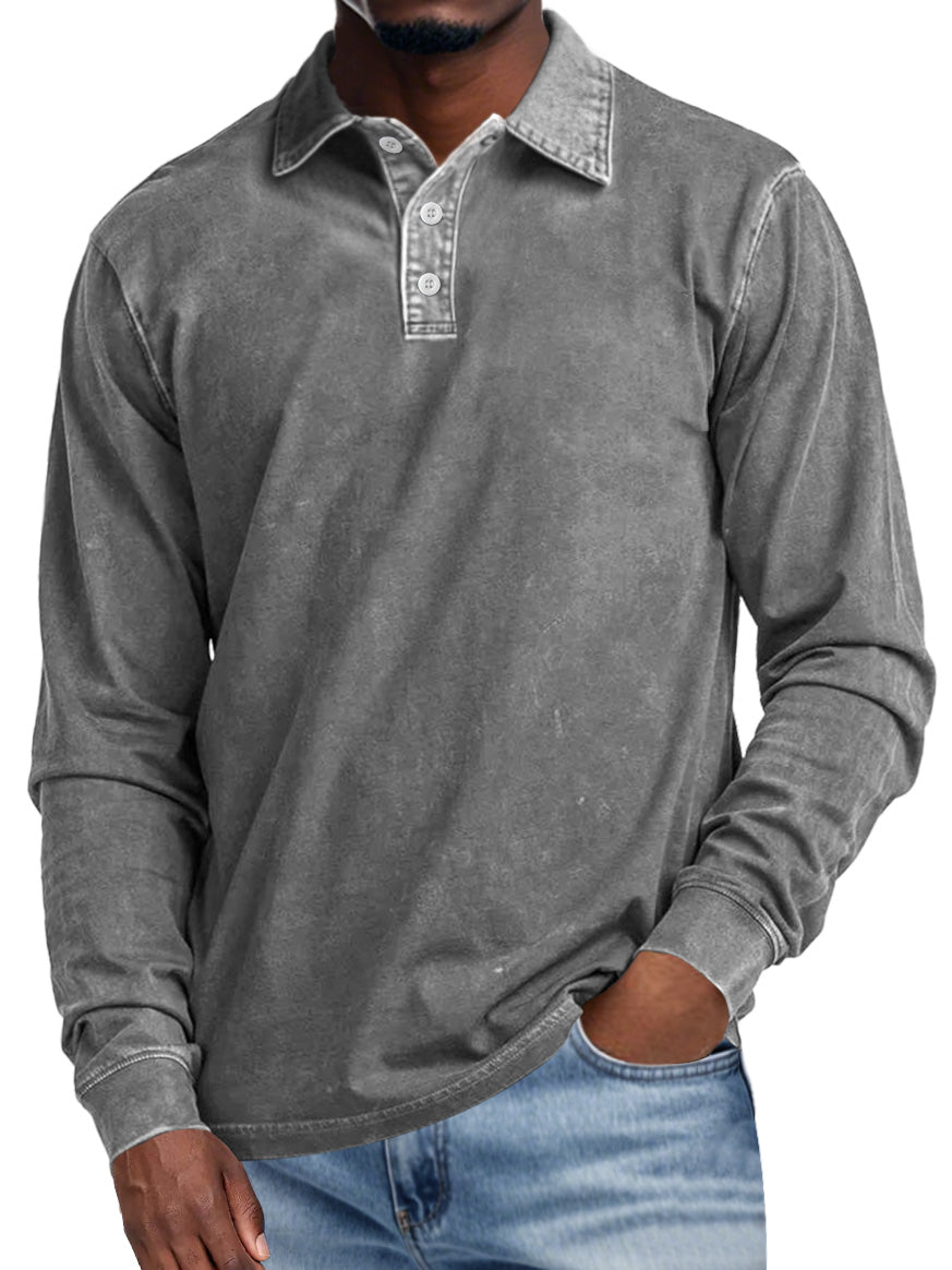 Men's Retro Lapel Button Casual Solid Color Long Sleeve Polo Shirt