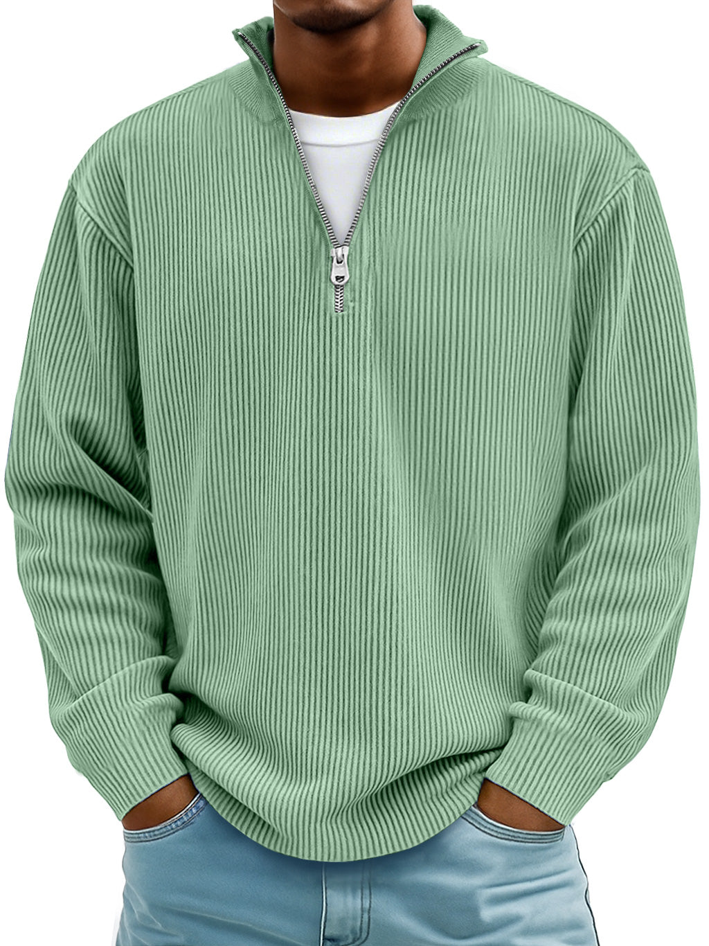 Men's Simple Casual Ribbed Stand Collar Zipper Long Sleeve T-shirt
