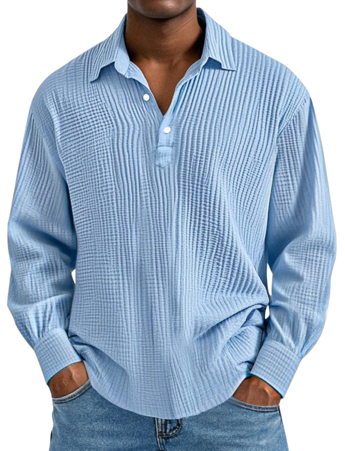 Men's Daily Simple Solid Color Pleated Long Sleeve Lapel Polo Shirt