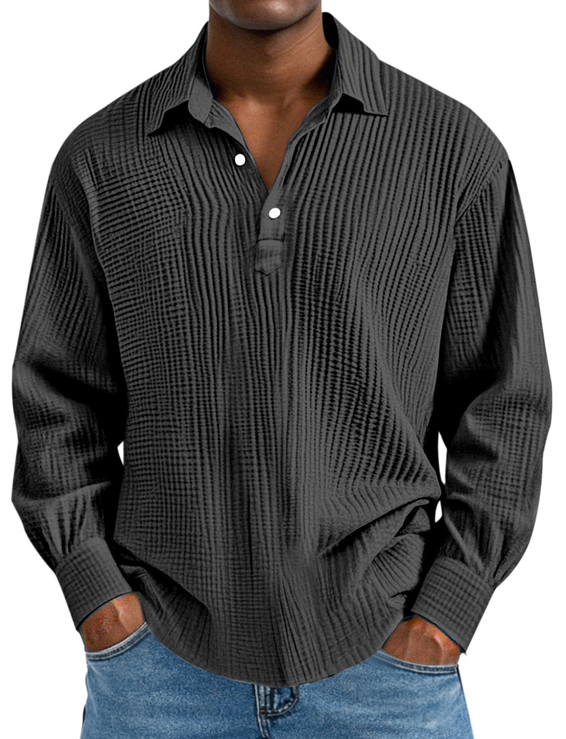 Men's Daily Simple Solid Color Pleated Long Sleeve Lapel Polo Shirt