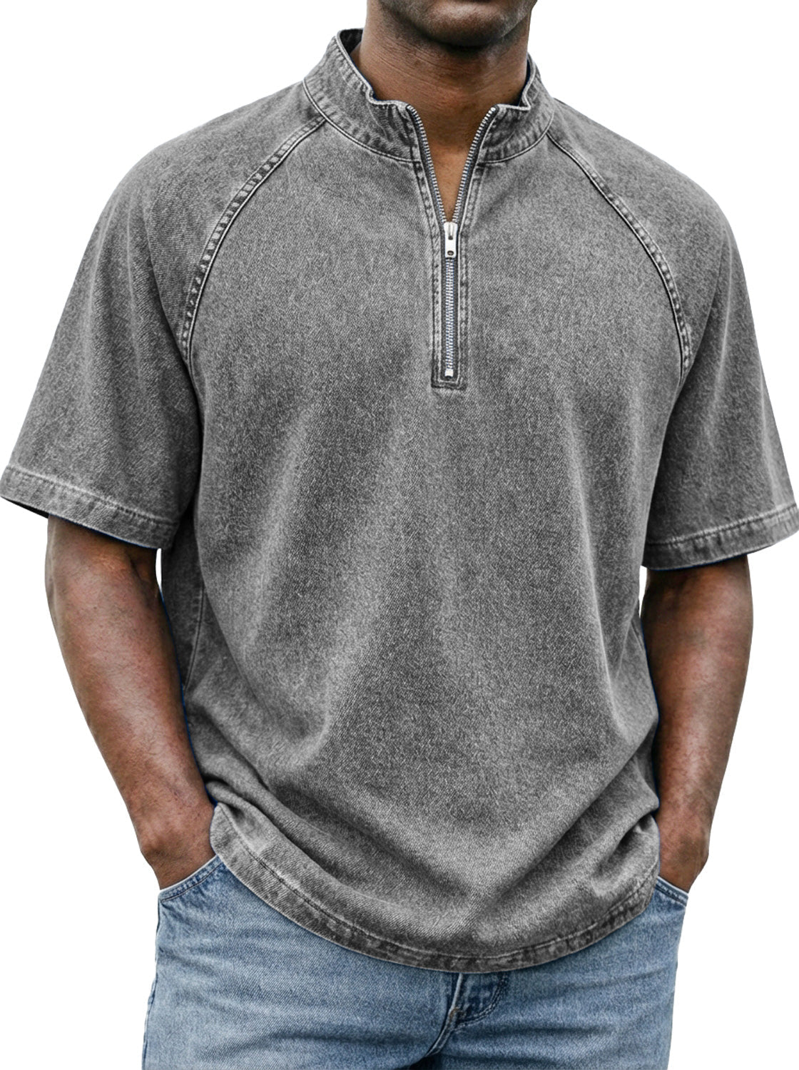 Men's Retro Raglan Sleeve Stand-collar Zip-up Casual Short-sleeved T-shirt