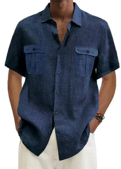 Mokaloha-Men's Solid Color Double Pocket Cotton Linen Casual Short Sleeve Shirt