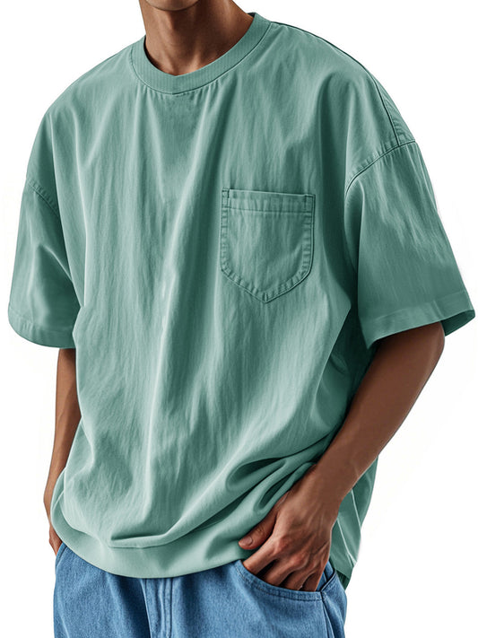 Men's Fashion Casual Retro Shirt Round Neck Pocket Short Sleeve T