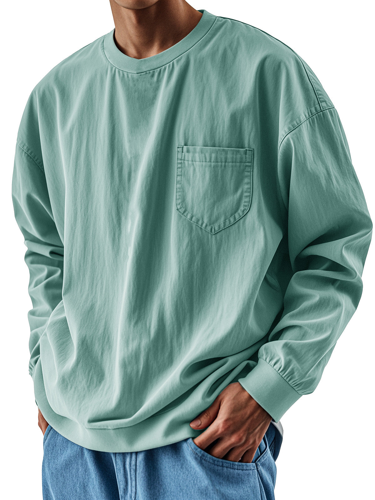 Men's Fashionable Round Neck Casual Pocket Long Sleeve Top
