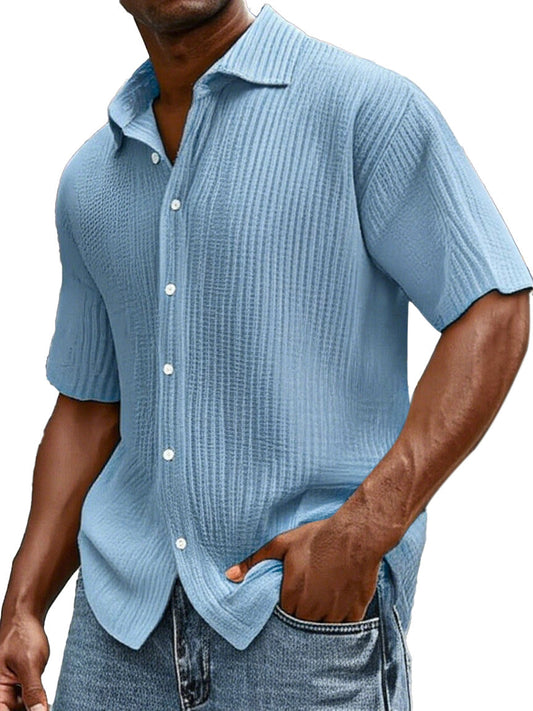 Men's Daily Casual Loose Comfortable Cotton Ruffled Texture Lapel Short Sleeve Button Shirt