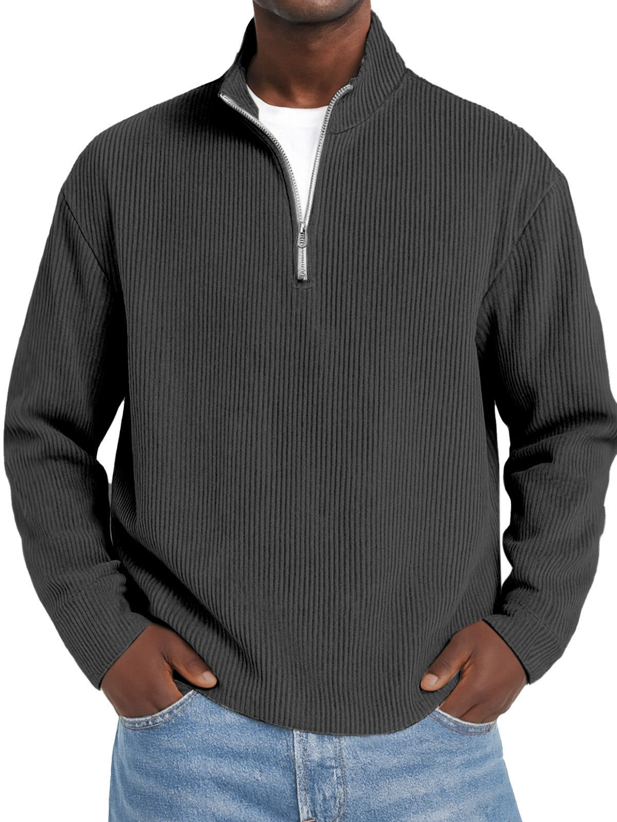 Men's Daily Solid Color Vertical Pit Zipper Long Sleeve Polo Shirt