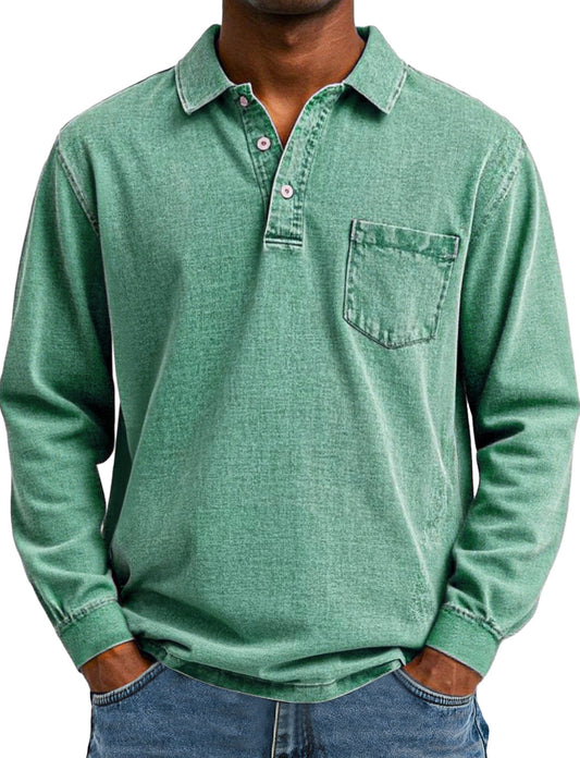 Men's Retro Solid Color Pocket Lapel Long Sleeve Polo Shirt