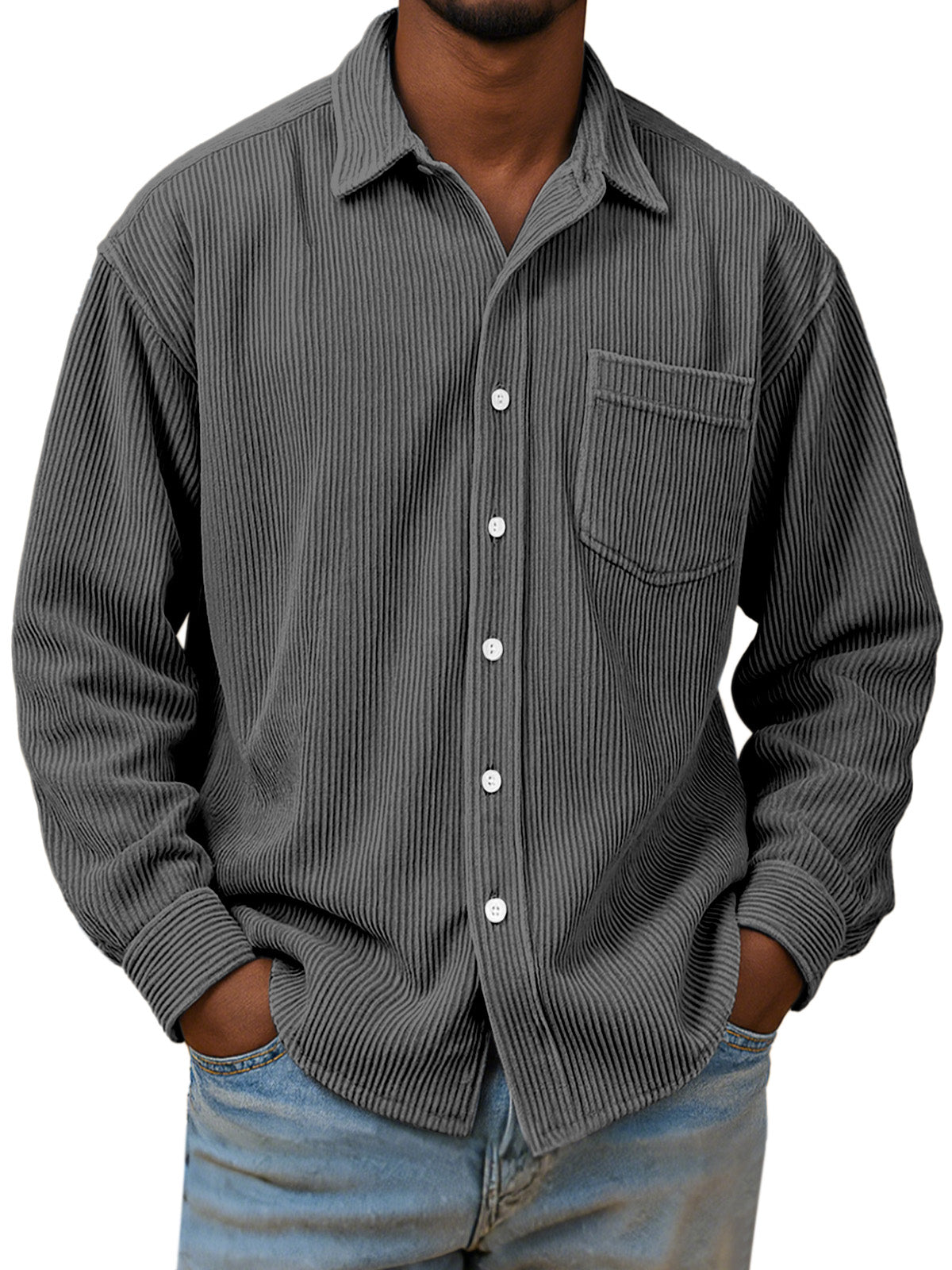 Men's Casual Simple Solid Color Corduroy Long Sleeve Shirt