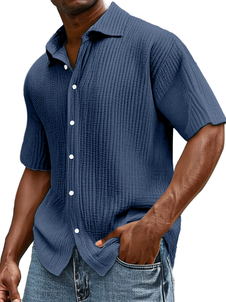 Men's Daily Casual Loose Comfortable Cotton Ruffled Texture Lapel Short Sleeve Button Shirt