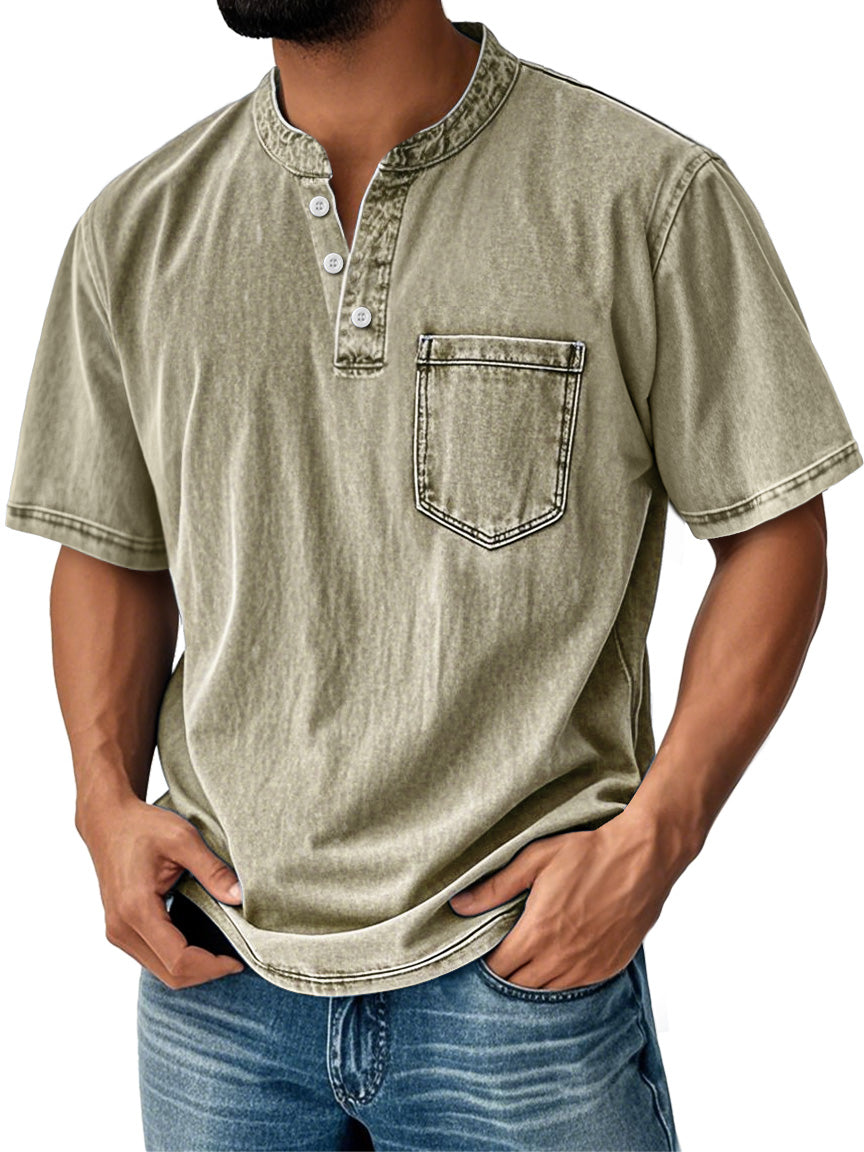 Men's Retro Stand Collar Casual Pocket Solid Color Short Sleeve Henley Shirt