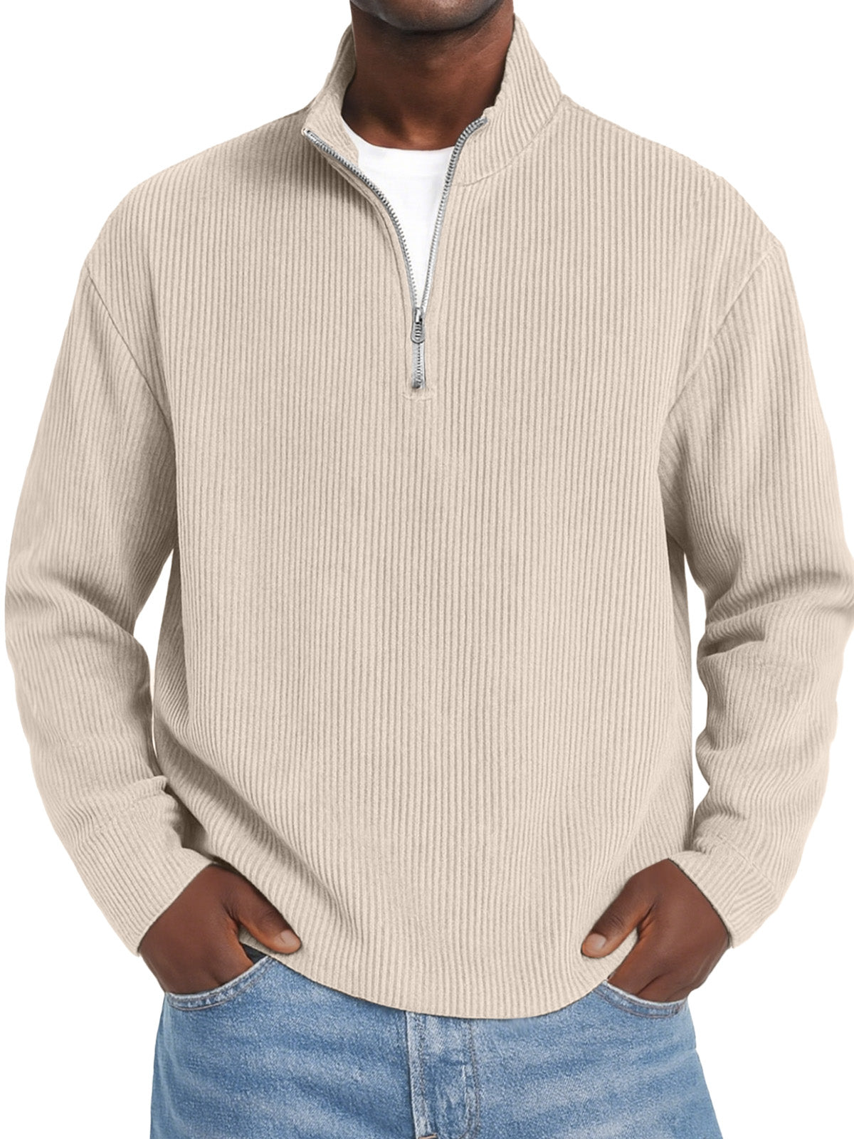 Men's Daily Solid Color Vertical Pit Zipper Long Sleeve Polo Shirt