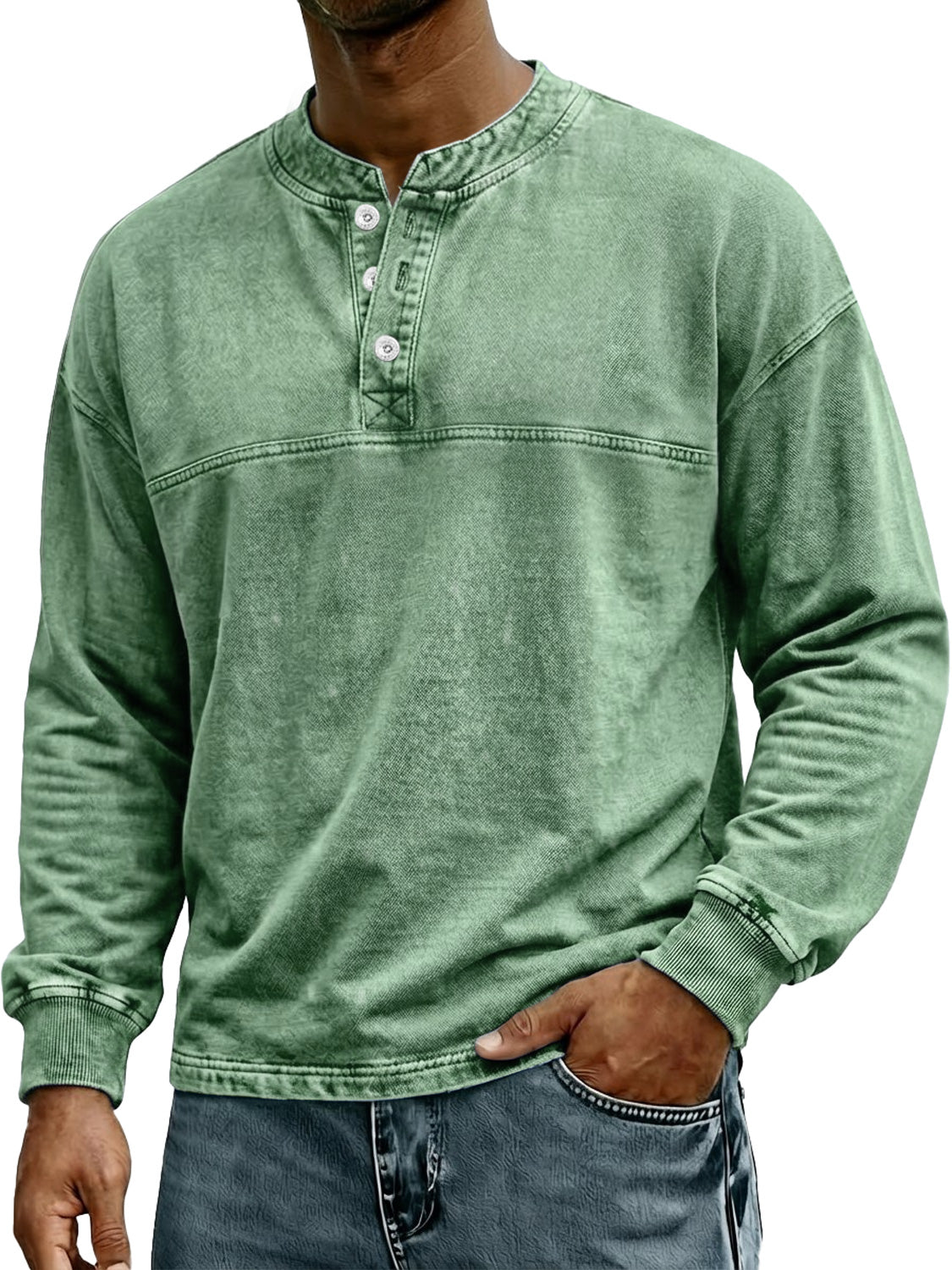 Men's Retro-Style Stand Collar Button Casual Long Sleeve Henley Shirt