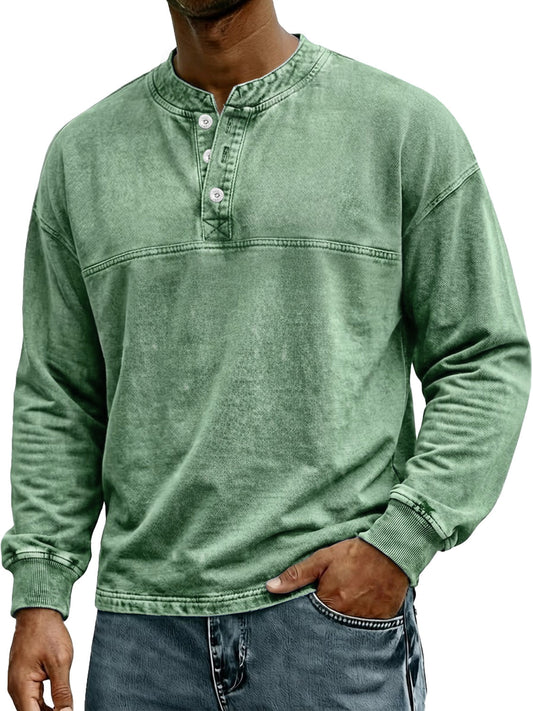 Men's Retro-Style Stand Collar Button Casual Long Sleeve Henley Shirt