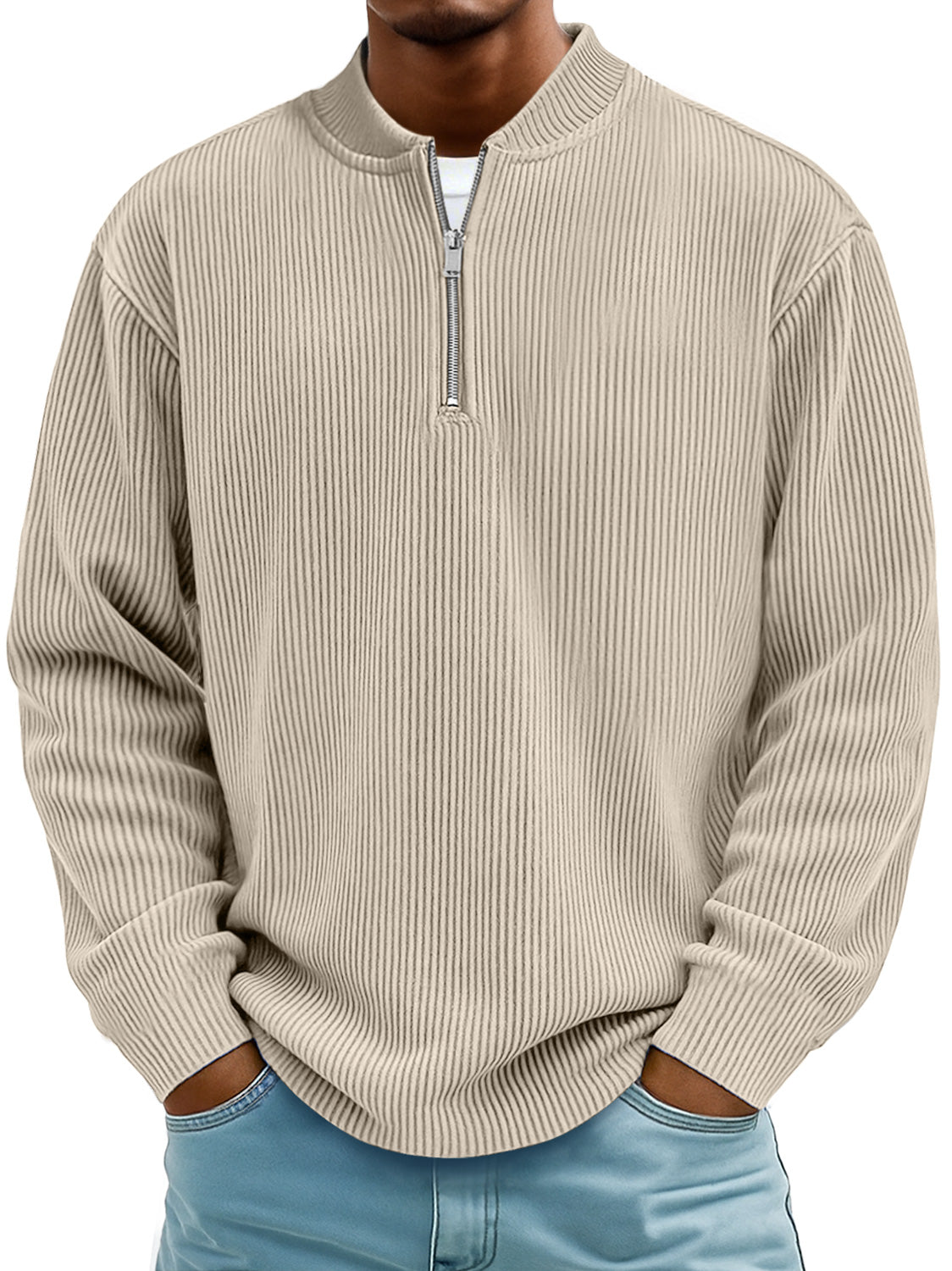 Men's Daily Striped Baseball Collar Zipper Casual Long Sleeve T-shirt