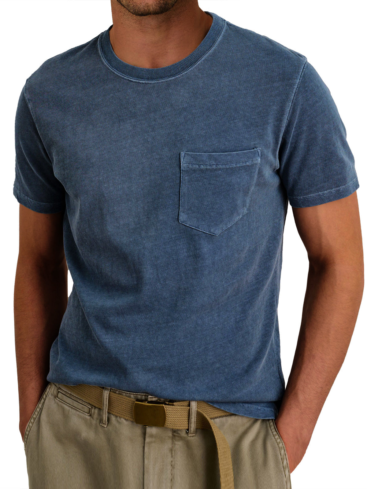 Men's Retro Round Neck Casual Pocket Solid Color Short Sleeve T-Shirt