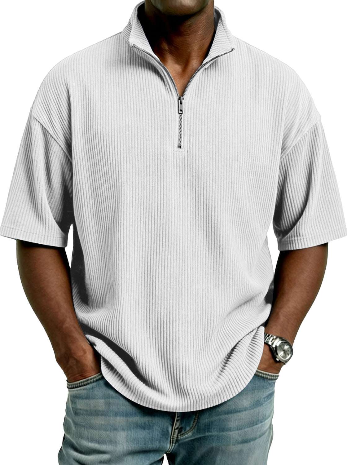Men's Simple Corduroy Stand-collar Zip-up Casual Short-sleeved T-shirt