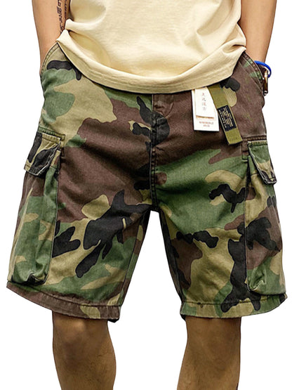 Men's Cotton Camouflage Multi-Pocket Loose Cargo Shorts with Belt