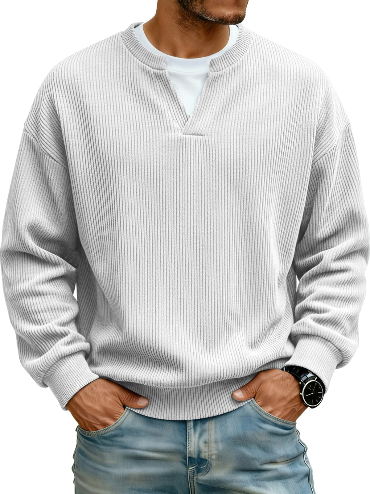 Men's Ribbed V-neck Faux Two-Piece Casual Long-Sleeve T-Shirt