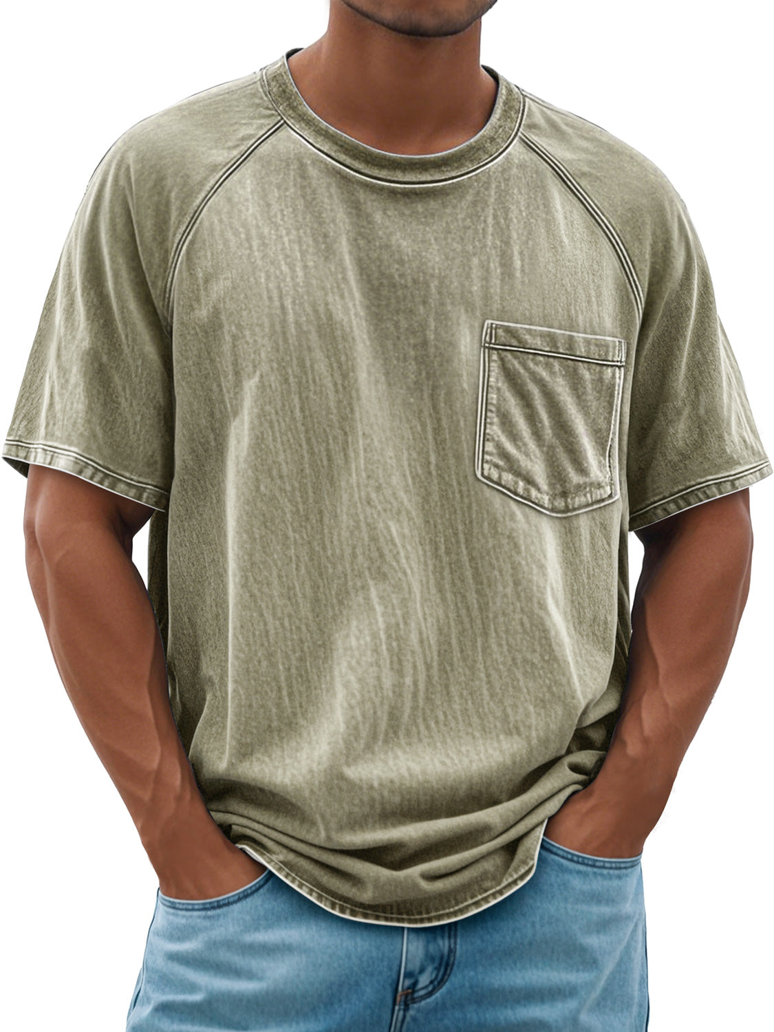 Men's Retro Round Neck Raglan Pocket Casual Short Sleeve T-Shirt