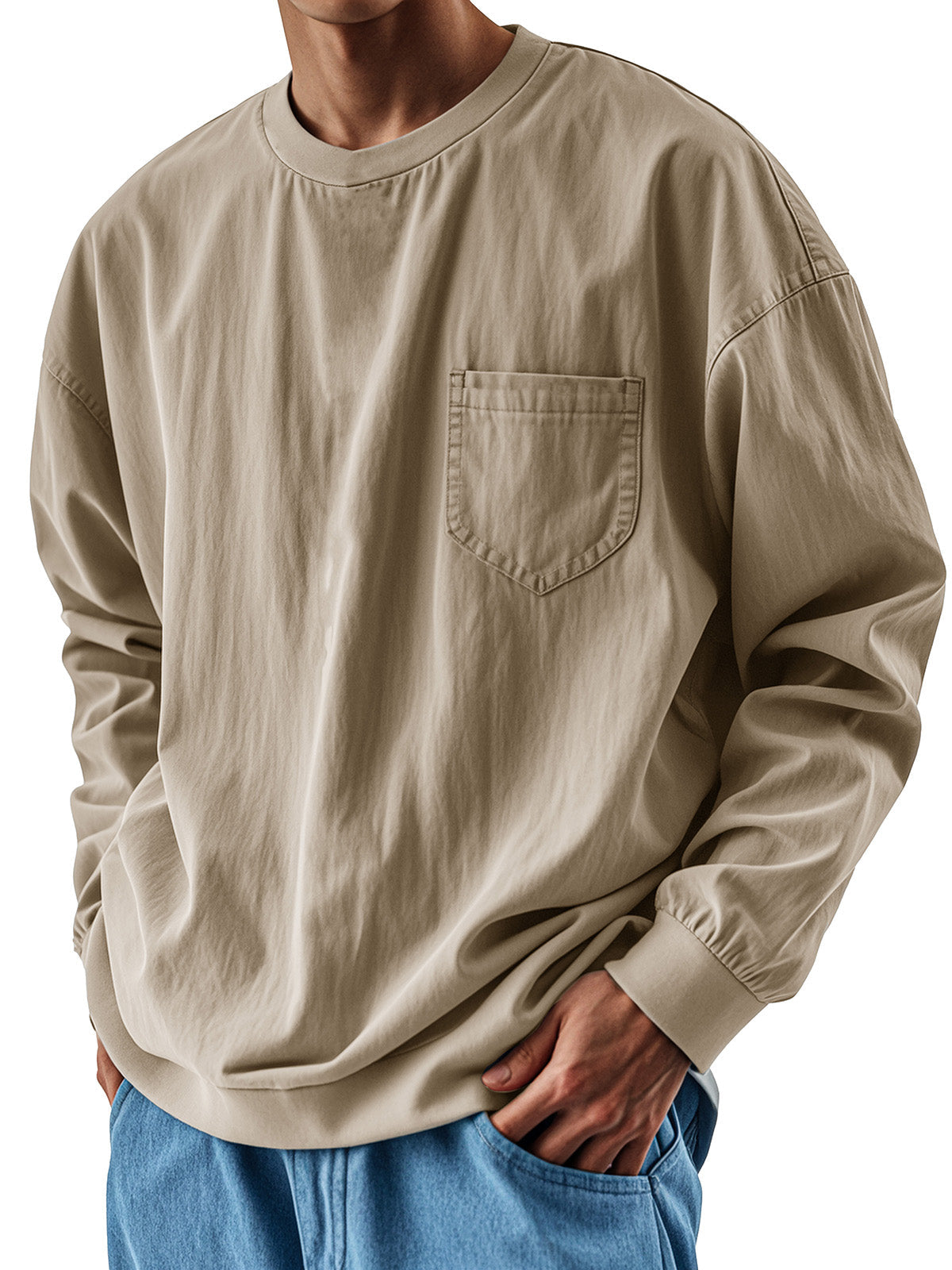 Men's Fashionable Round Neck Casual Pocket Long Sleeve Top