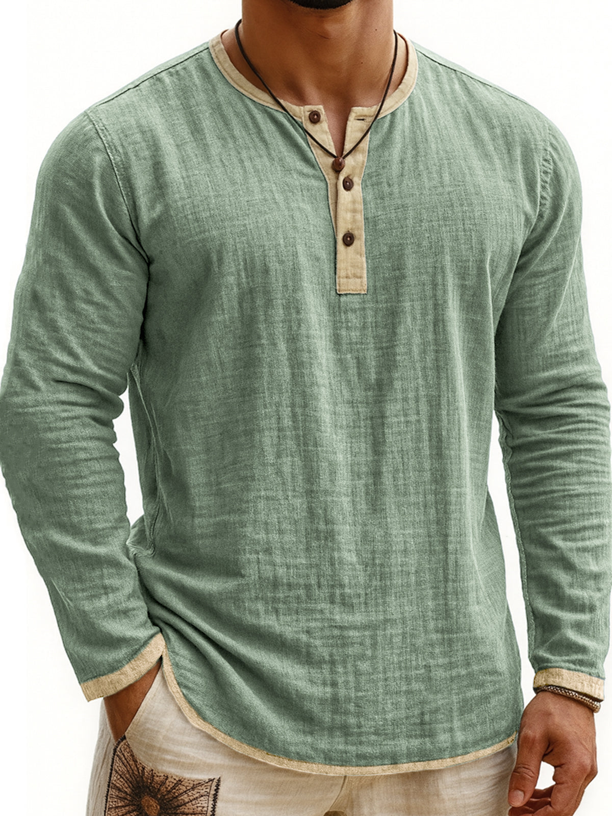 Men's Breathable Linen Vintage Contrast Casual Henley Shirt