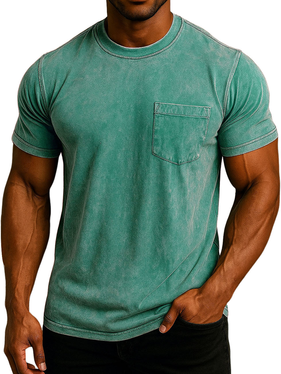 Men's Fashion Washed And Distressed Cotton Retro Pocket Casual T-shirt