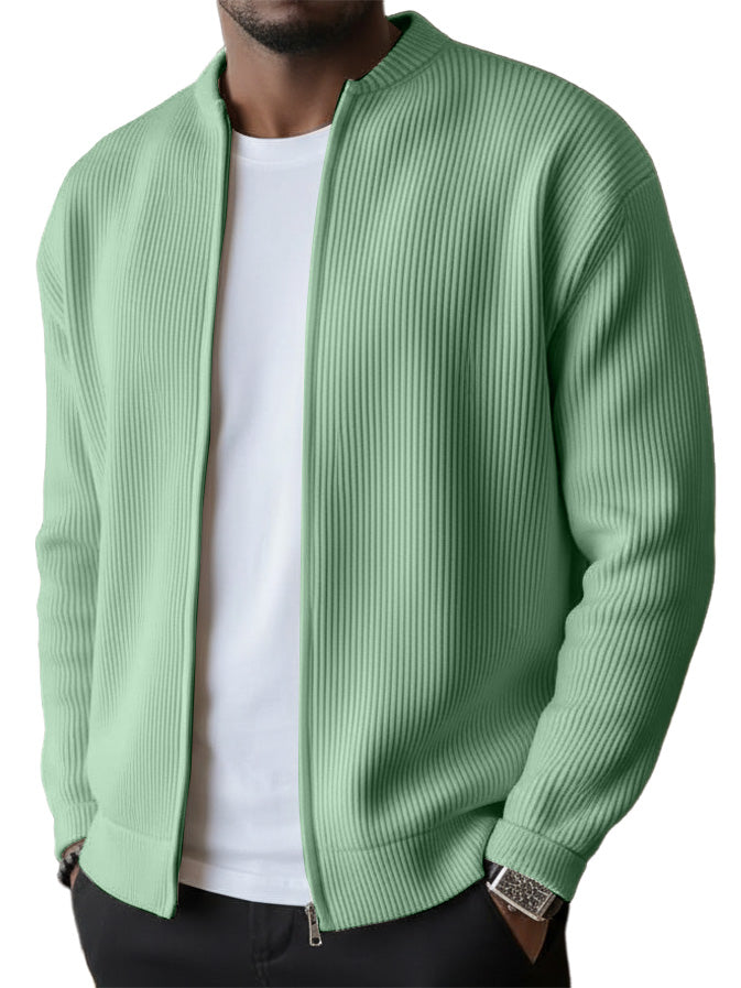 Men's Simple Casual Ribbed Stand Collar Zipper  Long Sleeved Jacket