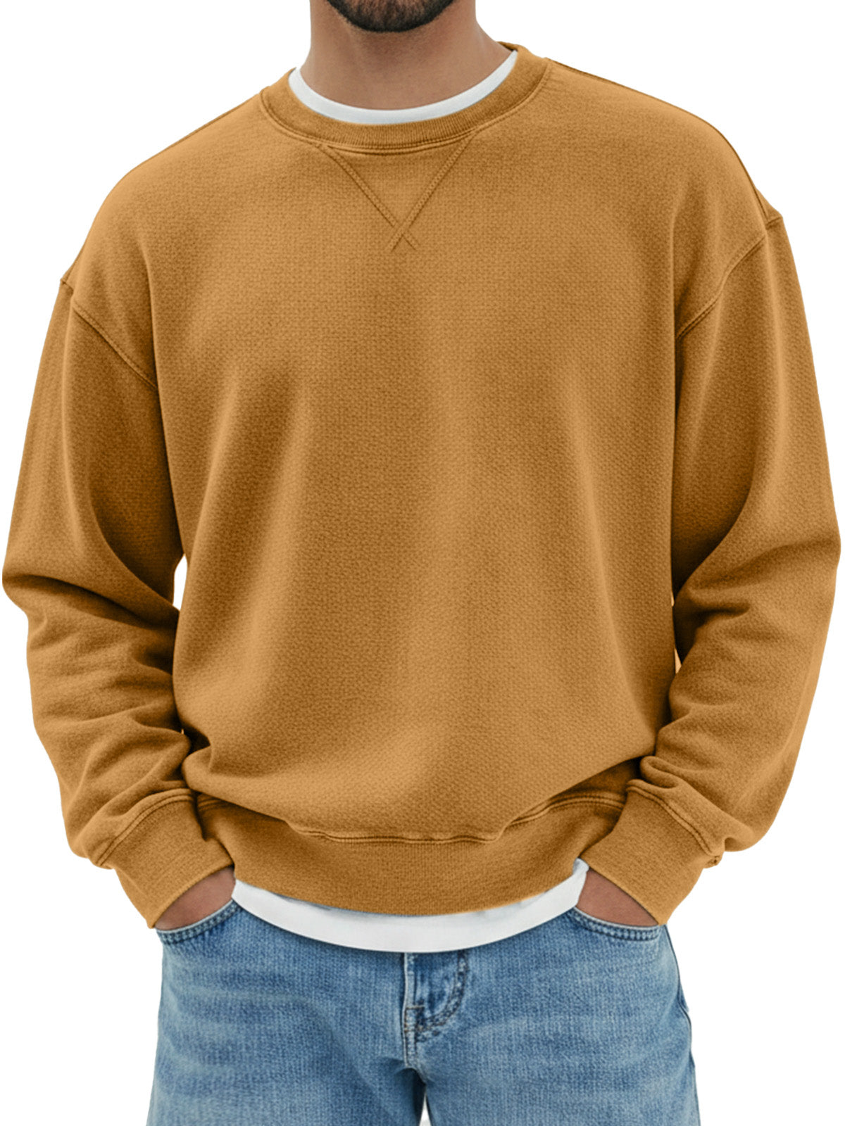Men's pure cotton design inverted triangle shoulder long sleeve round neck sweatshirt