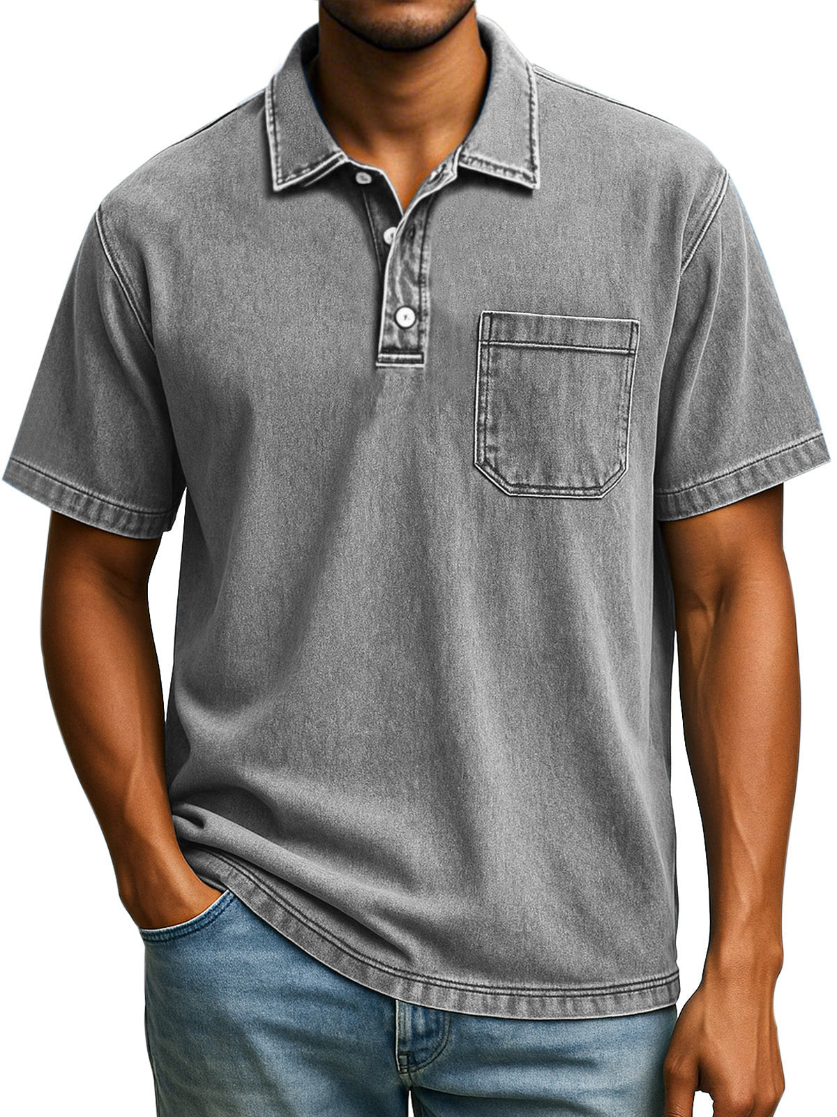 Men's Retro Solid Color Comfortable Loose Lapel Button Short Sleeve Polo Shirt