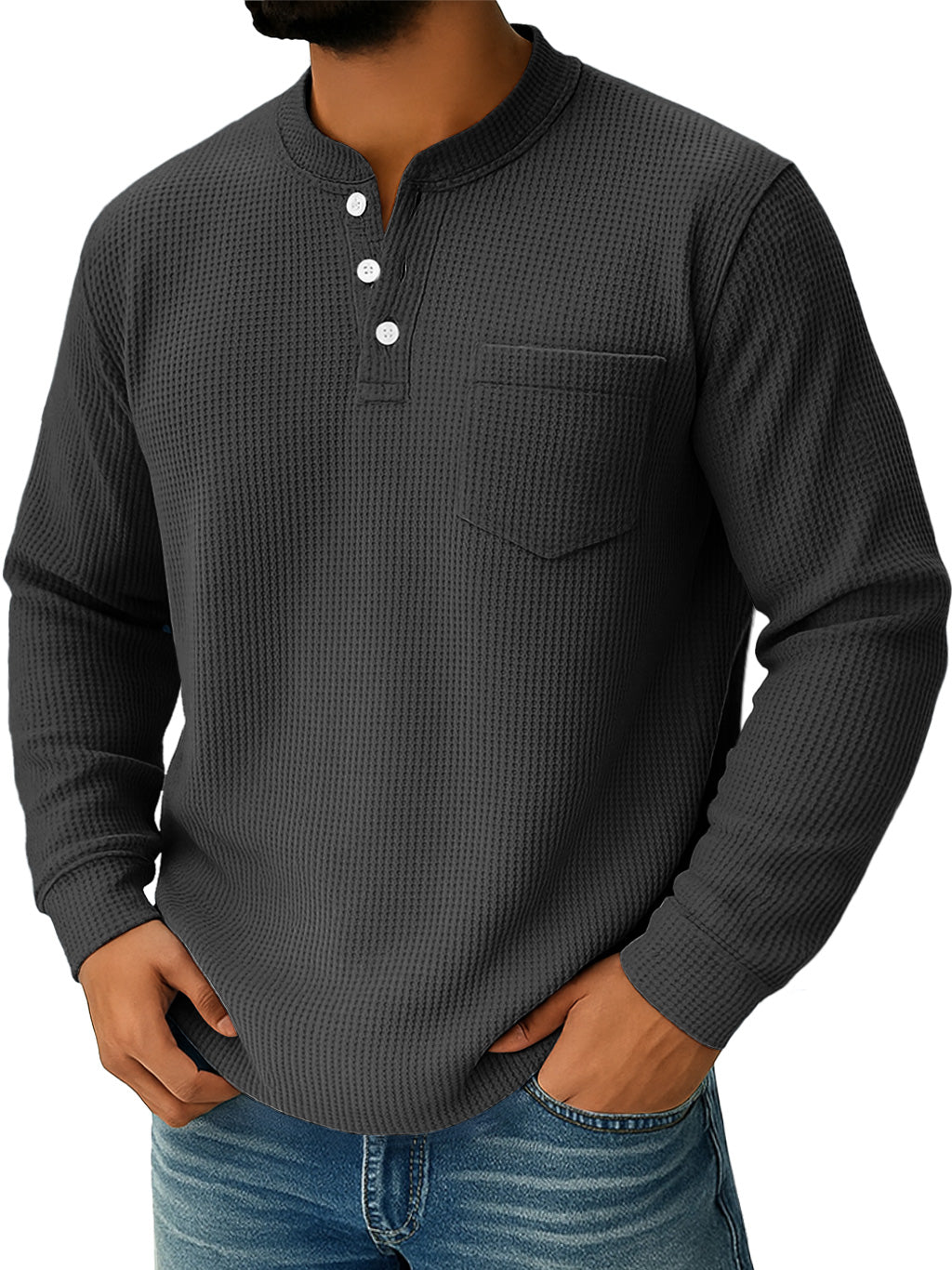 Men's Everyday Waffle Collar Button-Down Casual Long Sleeve Henley
