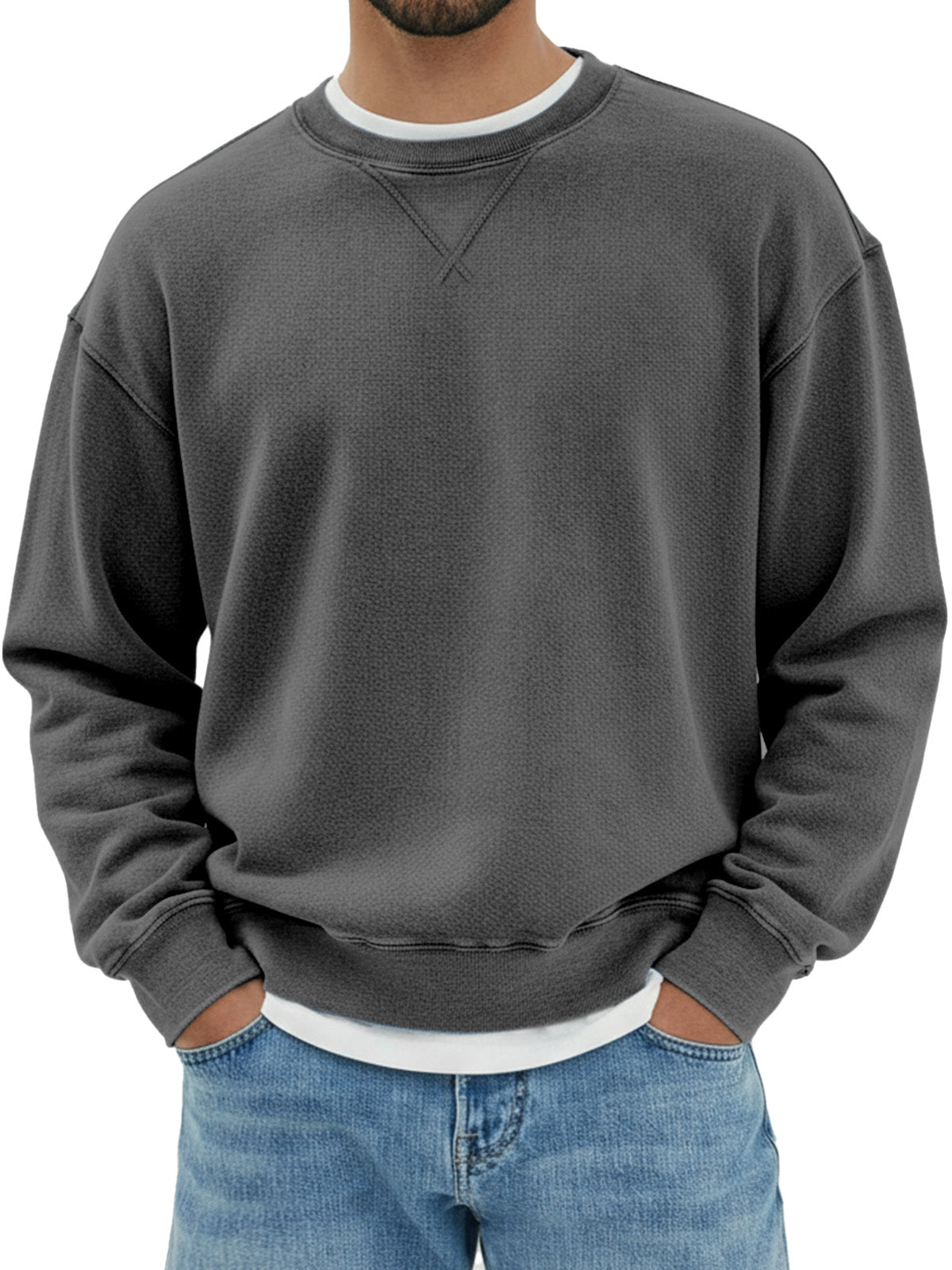 Men's pure cotton design inverted triangle shoulder long sleeve round neck sweatshirt