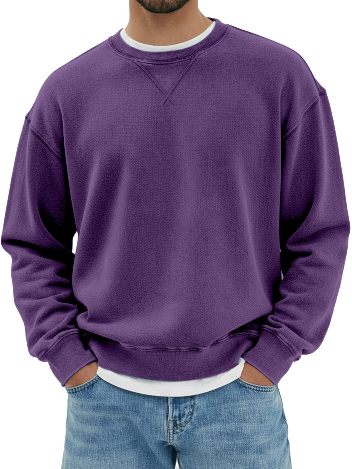 Men's pure cotton design inverted triangle shoulder long sleeve round neck sweatshirt