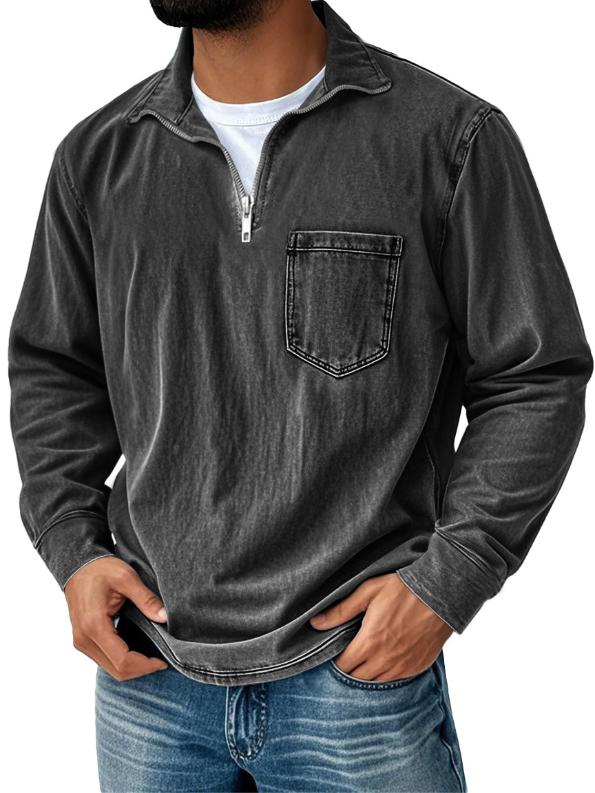 Men's Retro Casual Stand Up Collar Zipper Pocket Distressed Long Sleeved T-shirt