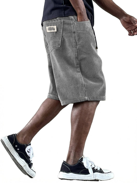 Men's Casual Retro Multi Pocket Embroidered Logo Workwear Corduroy Shorts