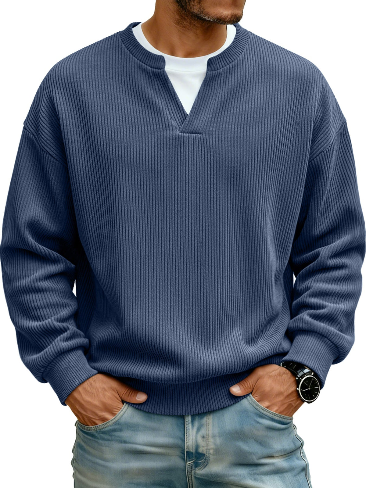 Men's Ribbed V-neck Faux Two-Piece Casual Long-Sleeve T-Shirt