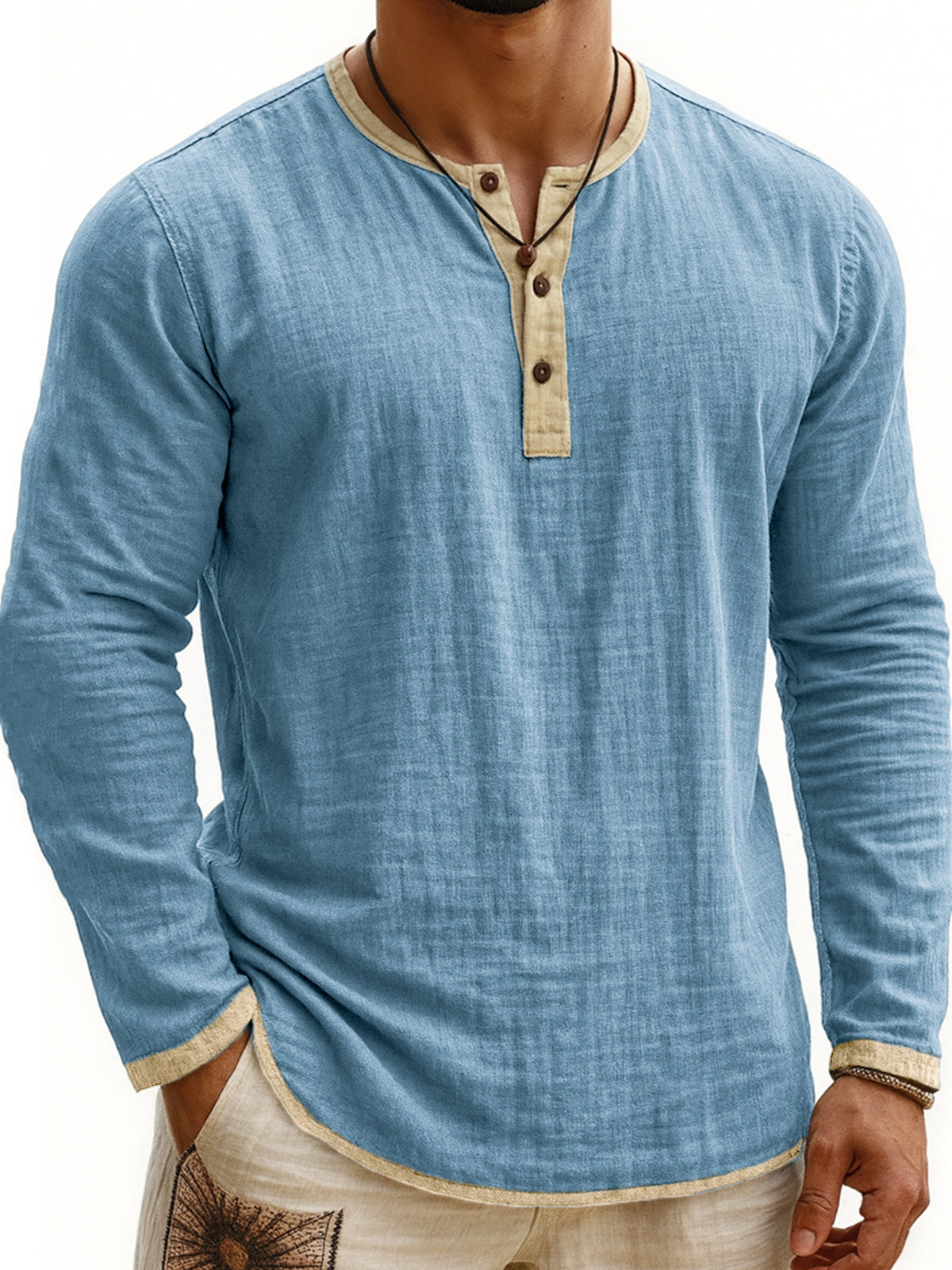 Men's Breathable Linen Vintage Contrast Casual Henley Shirt