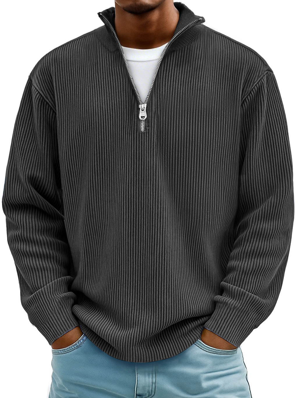 Men's Simple Casual Ribbed Stand Collar Zipper Long Sleeve T-shirt