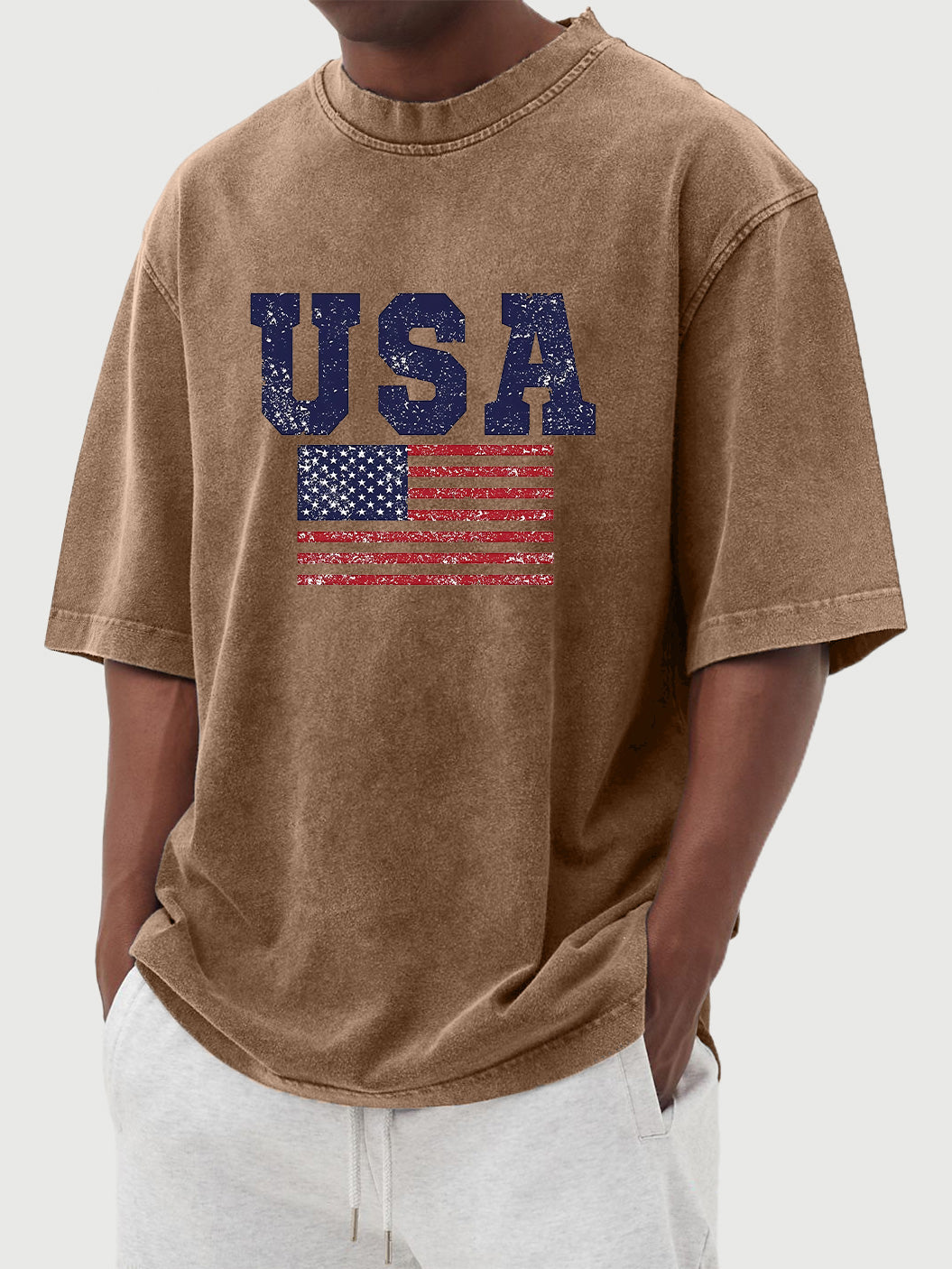 Men's vintage washed USA flag printed short sleeve T-shirt